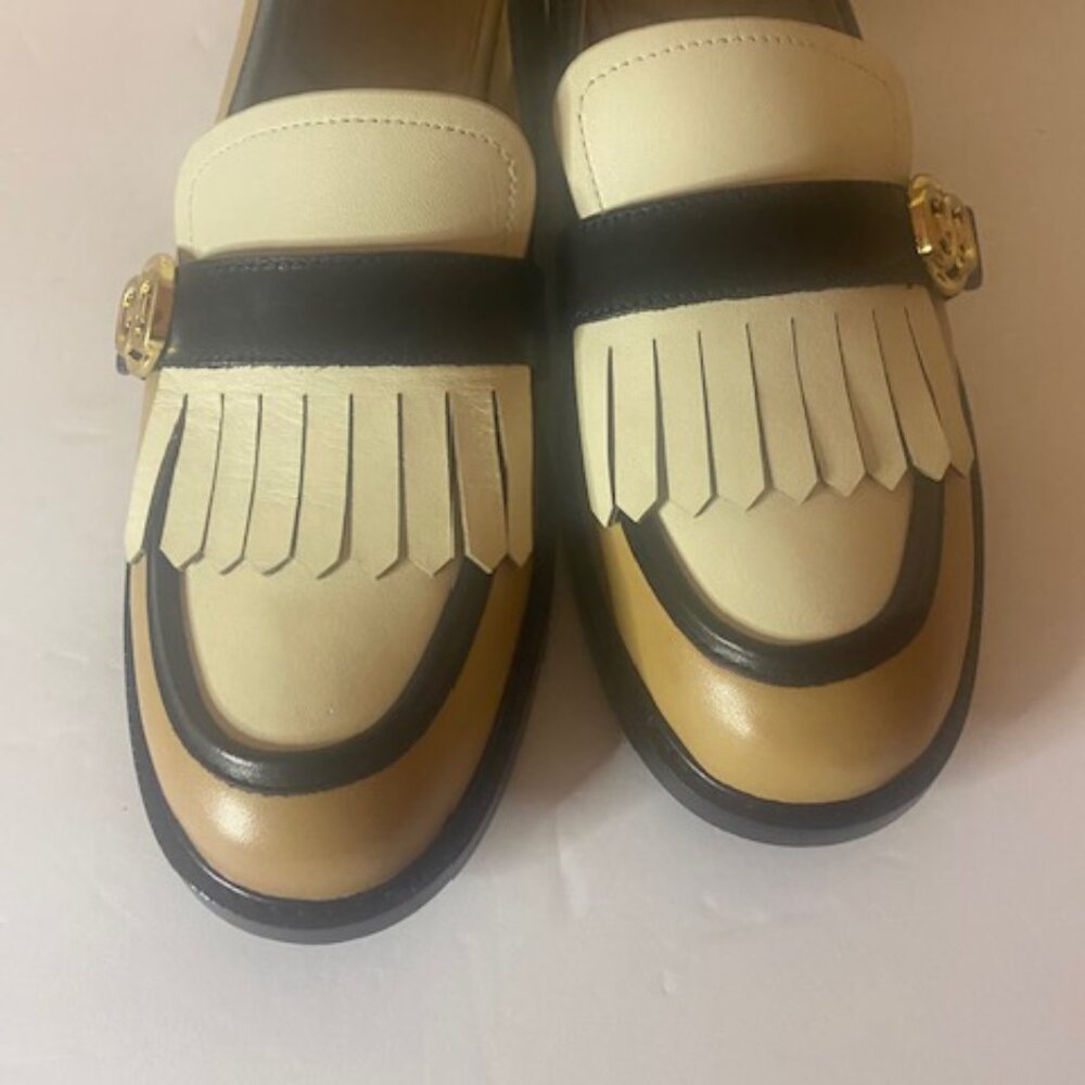 Sam Edelman Two-Tone Tan, Black & Cream Kiltie Loafers - Picture 6 of 7